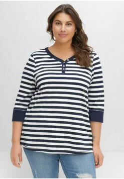 Sheego Camiseta De Manga Larga - Nachtblau Weiß